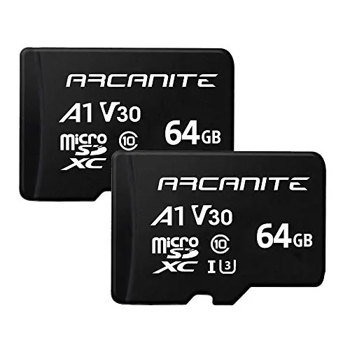 ARCANITE, set da 2 schede di memoria microSDXC 64 GB, UHS-I U3, A1, V30, 4K, C10, MicroSD, Velocità di lettura fino a 90 MB/s