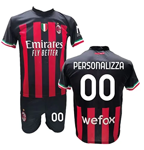 Completo Calcio Maglia Milan Personalizzabile + Pantaloncino Replica Autorizzata 2022-2023 Bambino (Taglie 2 4 6 8 10 12) Adulto (S M L XL) (10 Anni)