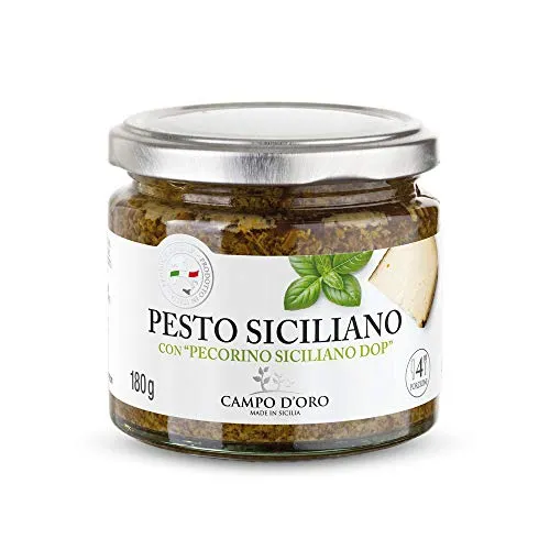 CAMPO D'ORO | PESTO CON PECORINO DOP 180 gr | Specialità siciliane per ricette, sugo pronto siciliano con basilico, prezzemolo e pecorino. 100% Made in Italy