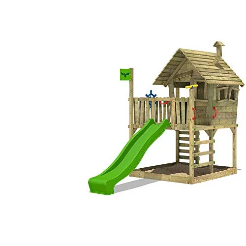 FATMOOSE Parco giochi in legno RebelRacer Giochi da giardino con scivolo mela verde, Casetta da gioco per l'arrampicata con sabbiera e scala di risalita per bambini