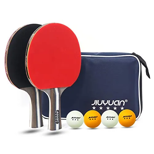 JIUYUAN Set Professionale di Racchette da Ping Pong, Mazza da Ping Pong con Palline, 2 Racchette da Ping Pong a 5 Stelle e 4 Palline da Ping Pong Premium a 3 Stelle e 1 Borsa