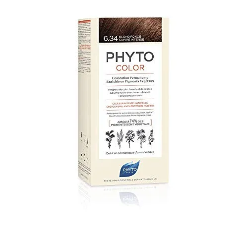 Phyto Phytocolor 6.34 Biondo Scuro Ramato Intenso Colorazione Permanente senza Ammoniaca, 100 % Copertura Capelli Bianchi