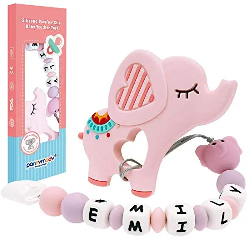 Clip portaciuccio Panny & Mody Nome personalizzato con massaggiagengive elefante, giocattoli per la dentizione in silicone senza BPA Regali per neonati personalizzati per neonate (Rosa)