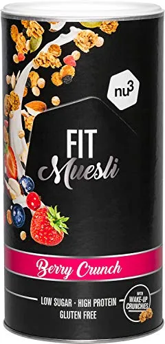nu3 FIT Protein Muesli Berry Crunch - 450 g di muesli proteico con frutti di bosco essiccati, guaranà e matcha - 33% di proteine e solo il 4% di zucchero - vegano
