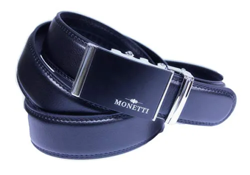 MONETTI Cintura nera in pelle - vera pelle - con fibbia automatica - lunghezza 125 cm - molto facilmente accorciabile - larghezza 3,5 cm.