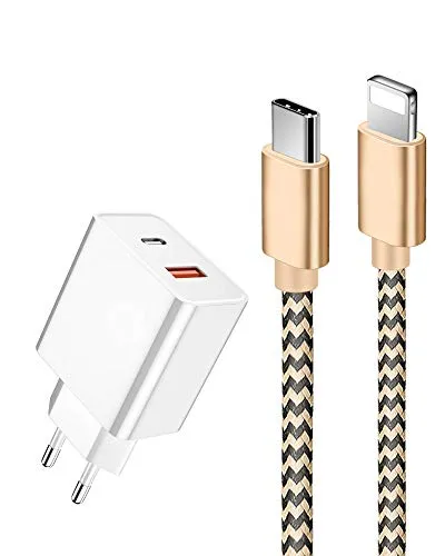 Zeuste Caricatore USB C da 20 W, con cavo di ricarica da 1,5 m, USB C, adattatore Fast Charger, spina di alimentazione compatibile per smartphone 12/12 Pro/12 Pro Max/12 Mini, 11 Pro Max XR X 8