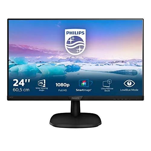 Philips 243V7QDAB Monitor 24" LED IPS FHD, 4 ms, 3 Side Frameless, Low Blue, Flicker Free, HDMI, DVI, VGA, Casse Integrate, VESA, Nero