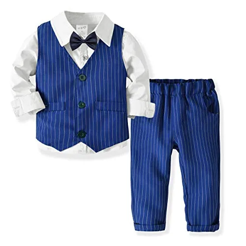 ZOEREA 3 Pezzi Bambini Ragazzi Abbigliamento Set Camicia con Papillon + Gilet + Pantaloni, Bambino Ragazzo Gentleman Nozze Smoking Battesimo Abito Strisce Blu Completino Bianco, Etichetta 110