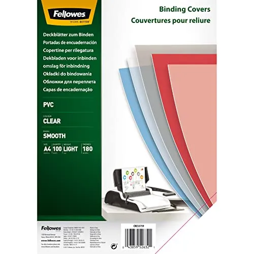 Fellowes 5375901 Copertine per Rilegatrice in PVC Trasparente, Formato A4, 180 Micron, Confezione da 100 Pezzi