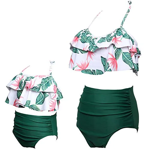 ChayChax Costume da Bagno per Ragazze Donna Carino Costumi da Bagno Due Pezzi Famiglia Madre e Figlia Vita Alta Bikini con Balza, Verde, 8-12 Anni (152)