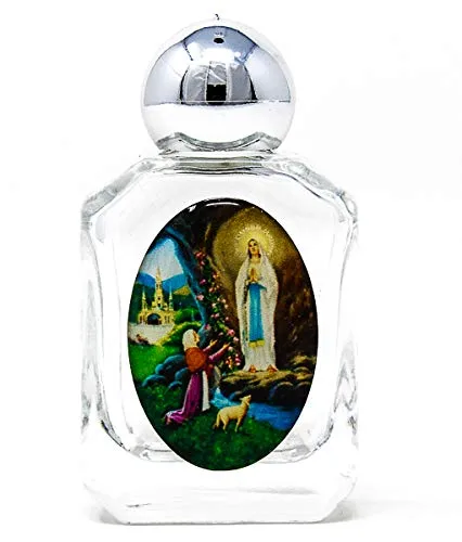 Lourdes acqua in una bottiglia di vetro riempita con acqua santa benedetta + biglietto di preghiera di Lourdes