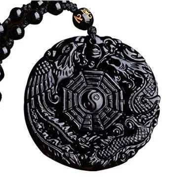 Collana yin yang amuleto, ciondolo TAO, Bagua, trigramma, dragone e fenice, ossidiana
