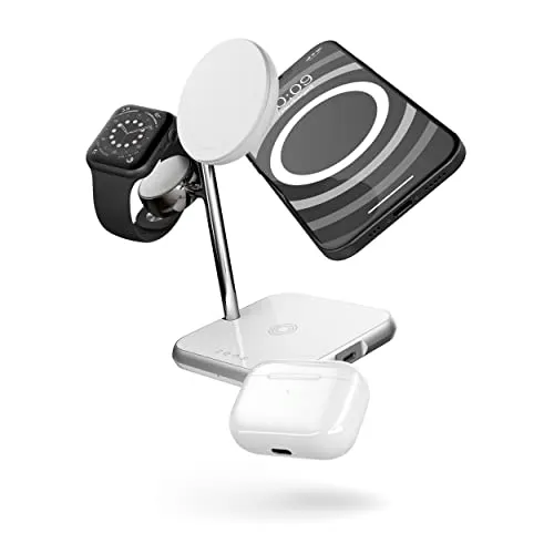 ZENS MagSafe+Watch 15W Stazione di ricarica MagSafe 3 in 1 per iPhone, Apple Watch e AirPods (certificazione "Made for MagSafe" e "Made for Apple Watch", alimentatore da 45W con cavo incluso) Bianco
