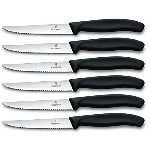 Victorinox Swiss Classic, da 6 pezzi Set di coltelli da bistecca seghettati, lavabili in lavabile, in acciaio inossidabile, colore nero