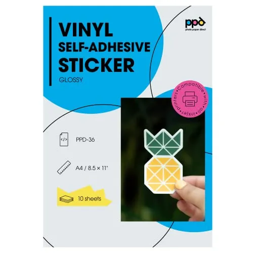 PPD A4 10 Fogli Di Carta Vinile Adesiva Lucida Per Stampanti Inkjet - Sticker Bianco - PPD-36-10