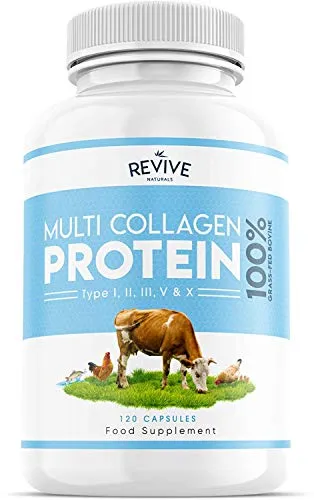 Multi Collagen Protein Capsules - 5 Types of Food Sourced Collagen Peptides - Hydrolysed Grass Fed Bovine, Wild Caught Marine & Free-Range Chicken, Made with Hyaluronic Acid & Vitamin C, 120 Caps