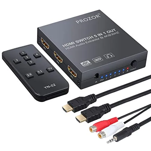 PROZOR 5x1 HDMI Switch con Estrattore Audio HDMI Switcher HDMI Convertitore Audio Include IR Telecomando 1M Cavo HDMI e Cavo Audio Stereo 3.5mm Maschio a 2 RCA Femmina Supporta 4K 3D