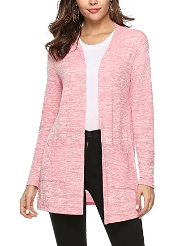 Irevial Cardigan Donna Lungo Casual Leggero Aperto Davanti Top a Maglia Traspirante con Tasche Rosa M