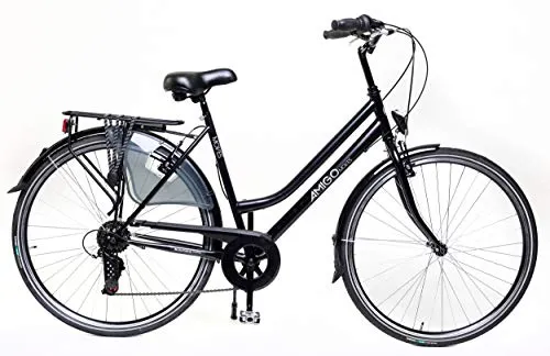 Amigo Moves - Bici da città per donna 28 pollici - Adatto da 170-175 cm - Cambio Shimano a 6 velocità - Citybike con freno a mano, Campanello, Cavalletti e Luci - Nero