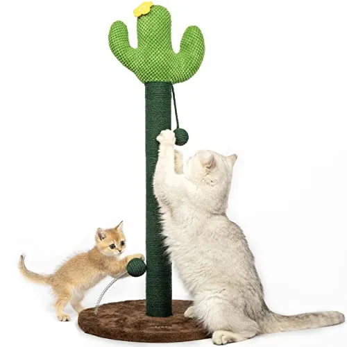 Tiragraffi per gatti OHMO (grande, 85 cm di altezza),Tiragraffi Cactus per gatti con appesi interattivi e palline a molla,Corda di sisal naturale avvolta