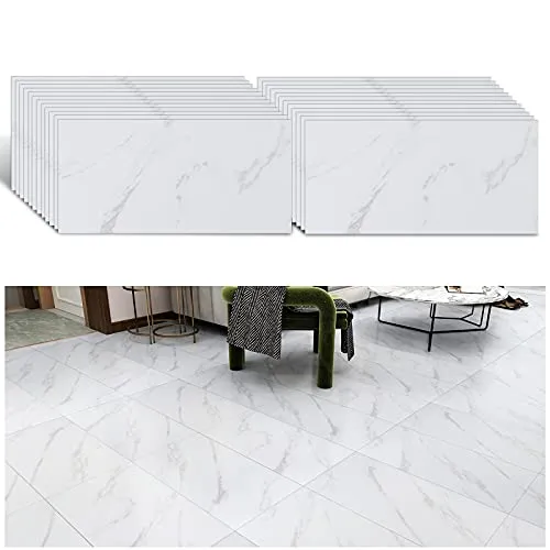 VEELIKE Piastrelle Adesive Pavimento Marmo Bianco Mattonelle Adesive Cucina Pavimenti PVC Adesivi Adesivi per Piastrelle Bagno Impermeabile PVC Adesivo Pavimento Soggiorno 60cm x 30cm 24 Pezzi