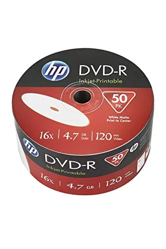 Dvd-R 4.7 GB Printable – Confezione di 50 Dvd-R HP 4,7 GB 16 x – Superficie Superiore Bianca stampabile per Getto d' Inchiostro