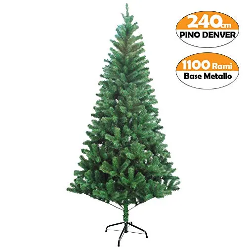 BAKAJI Albero di Natale 240 cm Nordico Folto Abete Denver Ecologico e Ignifugo con Base a Croce in Metallo Rami folti, Apertura ad Ombrello, Albero Artificiale Natalizio Colore Verde (240cm)