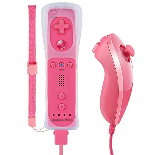 Tanouve Controller Wii Motion Plus, 2 In 1 Nunchuck Costruito Motion Plus Telecomando Remote Set Per Nintendo Wii e La Console Wii u Con Custodia In Silicone + Custodia - Rosa