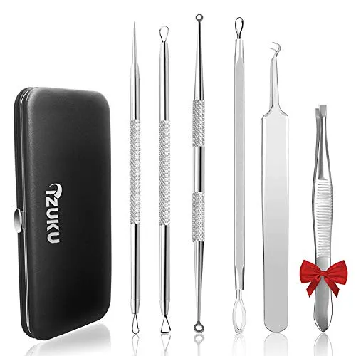 Rimozione Punti Neri Naso Leva Comedoni IZUKU [GARANZIE A VITA] Blackhead Remover Kit Acciaio da 6 Strumenti Professionali con Due Estremità,togli i Punti Bianchi e le Macchie Acne dal Viso