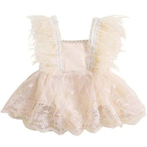 Vestito Neonata Cerimonia Abito Bambina Elegante Vestito Pizzo patchwork di piume Principessa Bambina Abito Estiva Bambina in Tulle Abito Battesimo in Pizzo Neonata (Albicocca , 12-18 Months )