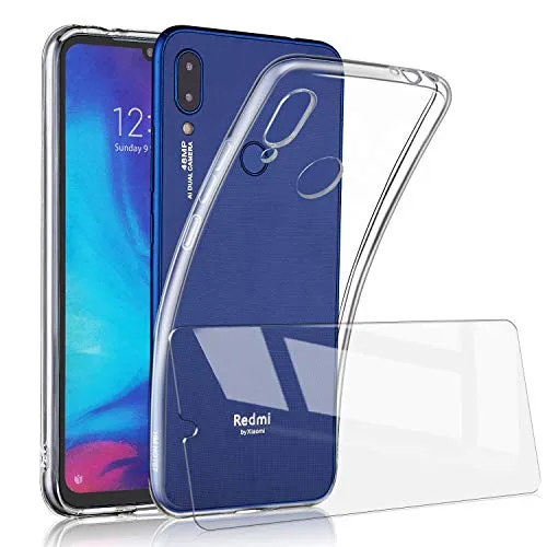 UCMDA Cover per Xiaomi Redmi Note 7 + Pellicola Protettiva in Vetro Temperato, Custodia Trasparente Morbida in Silicone, Pellicola Protezione Schermo in Vetro Temperato per Redmi Note 7