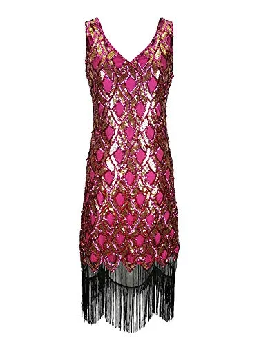 Costume da Donna Vintage Anni '20 con Fiocco Rosso Gatsby Frange Fantasia Donna Frange Vestito da Donna Vintage 1920 Paillettes Paillettes (Oro Rosa, EU 40)