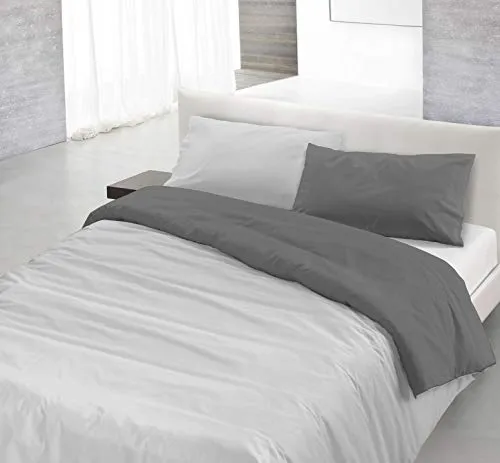 Italian Bed Linen Natural Color Parure Copripiumino con Sacco e Federe, 100% Cotone, Grigio Chiaro/Fumo, 3 pezzi Matrimoniale