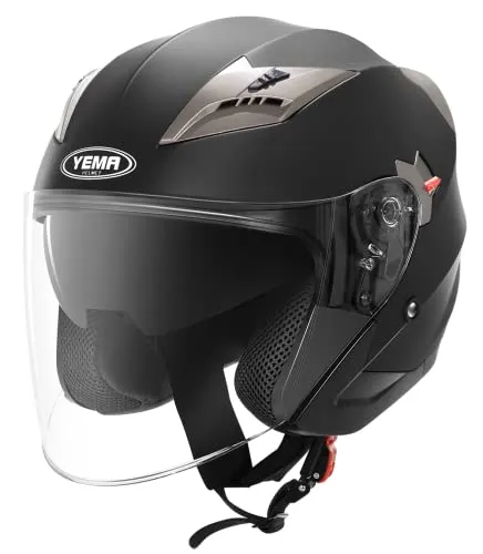 Casco Jet Moto Aperto Scooter - YEMA YM-627 Caschi Motorino Vintage ECE Omologato Donna Uomo con Doppia Visiera Parasole, Nero opaco, S