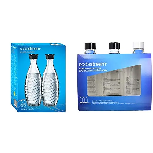 Sodastream, 2 Bottiglie per gasatore d'Acqua, Vetro, Trasparente/Nero, 9.5 x 9.5 x 27.5 cm, 2, unità & SodaStream Bottiglie Universali per gasatore d'Acqua, Capienza 1 Litro, Confezione da 3