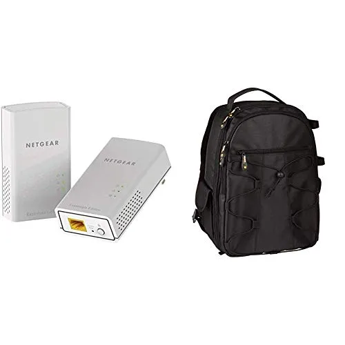 Netgear PL1000-100PES Adattatori, 1 Porta Gigabit, Bianco, 2 Pezzi & Amazon Basics- Zaino per fotocamera SLR + accessori, colore: Nero