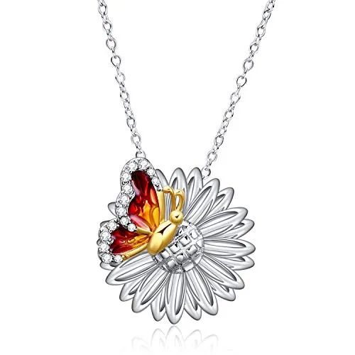 Collana con ciondolo a forma di girasole in argento Sterling placcato oro con farfalla e Argento, colore: Colore caffè., cod. PYX3659-ZL