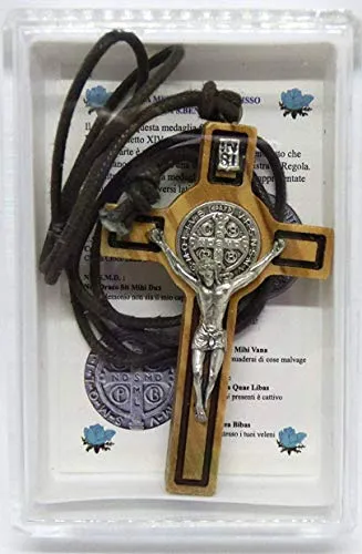 10.302.90 LACSCA croce san benedetto rettangolare in legno di ulivo con riga con collana laccio 6 cm con scatola regalo e preghiera in italiano