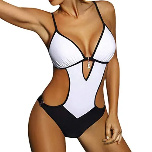 JFAN Costumi da Bagno Interi Donna Trikini Costume da Mare Spiaggia Piscina Sexy Costume da Bagno Intero Donna con Push-up Imbottitura, S -Bianco