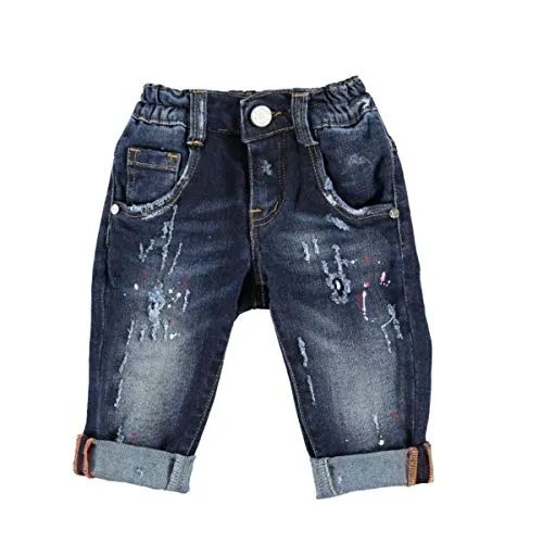 MANUELL & FRANK Jeans 5 Tasche Neonato Colore Jeans con Schizzi Colorati, Effetto Slavato e con Mini Toppa Chiusura Zip e Bottone Collezione Autunno Inverno Made in Italy