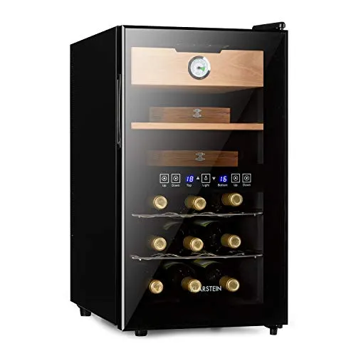 Klarstein El Dorado - Humidor e Cantina per Vini, Frigo Vini, 48 L, 100W, Temperatura 13-23°C, 2 Zone Raffreddamento, Porta in Vetro, Display LED, Touch, Libera Installazione, Cassetto in Cedro, Nero