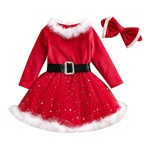 Neonate Red Christmas Dress Manica Lunga in Pile Costumi di Babbo Natale Abiti Cosplay Vestiti di Natale Warm (Rosso B, 4-5 Y)