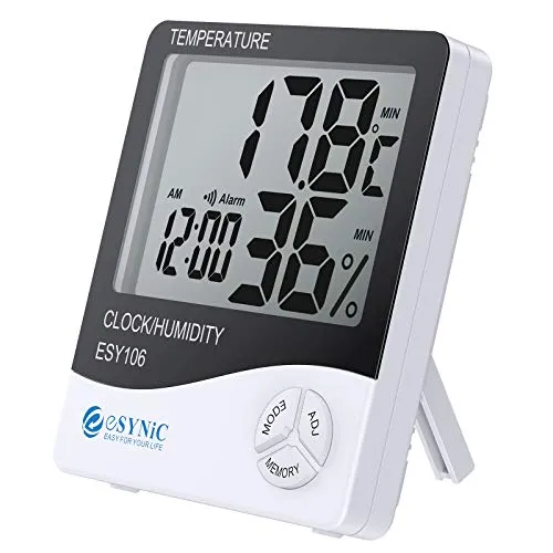 eSynic 1PZ 3 in 1 Igrometro Termometro Digitale con Display LCD Rilevatore umidità Temperatura e Sistema di Display Tempo 12-Ora / 24-Ora con Sveglia