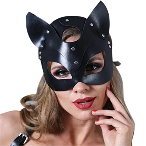 Maschera per gatti in pelle sexy, Sexy Catwoman Maschera Cosplay Maschera in pelle per gatto Maschera per donna Testa di gatto Fascia per maschera Rivetti in costume Maschera per travestimento Trucco