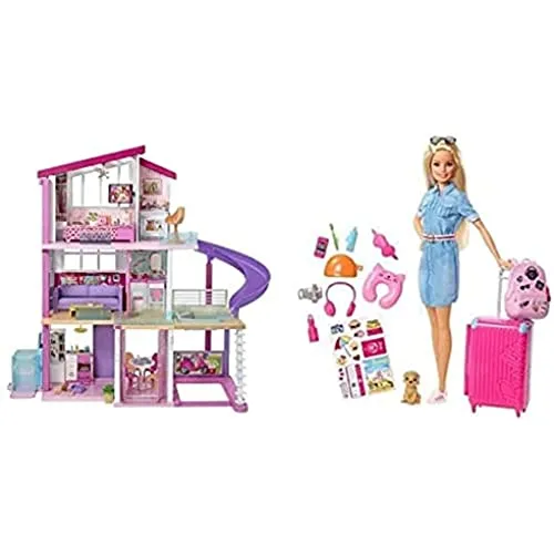 Barbie - Casa Dei Sogni Per Bambole, Con Ascensore Per Disabili, 3 Piani & In Viaggio, Bambola Bionda Con Cucciolo, Valigia Che Si Apre