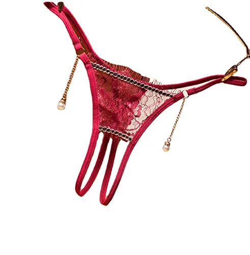 Wonepic Pizzo Mutandine delle Signore a Vita Bassa Trasparente File Aperto Sexy Tentazione Pendente della Perla Sexy Perizoma di Pizzo Crotch Fun Underwear Red-One Size