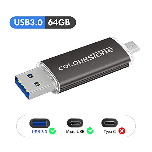 Memoria USB 3.0 64GB, Colourstone Dual Drive Mini USB Stick Pendrive Portatile Compatibile con Samsung Huawei Smartphones e Tablet Memory Esterno (Nero3.0-64GB)