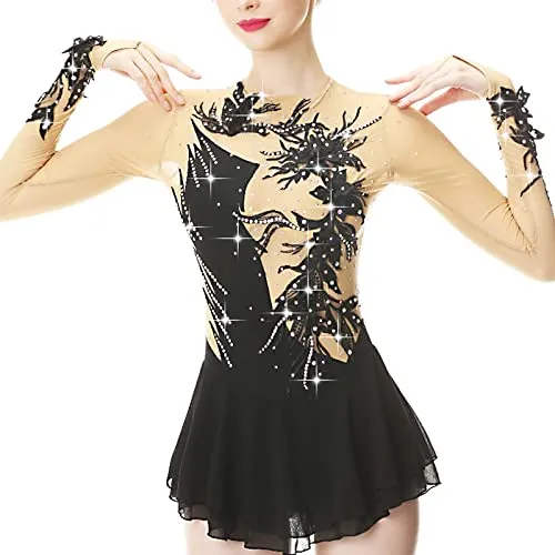 Body Ginnastica Artistica Bambina Manica Lunga Nero con Motivo Elevata Elasticità Ballerina Body da Ballo Jazz Danza Moderna Performance Fatto A Mano (Color : Black, Size : XS)