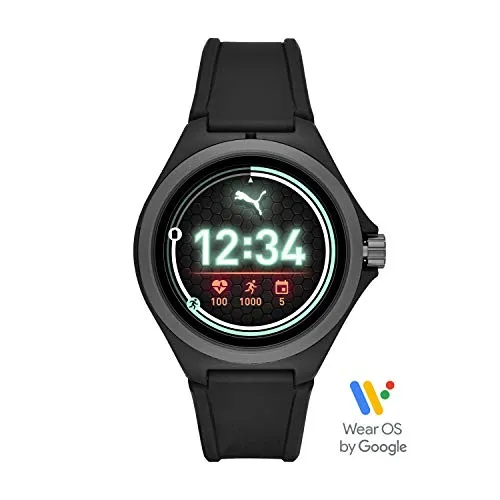 PUMA Sport - Smartwatch da uomo con frequenza cardiaca da 44 mm, touchscreen leggero con cinturino in silicone nero - PT9100