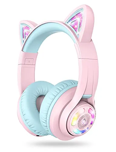 iClever - Cuffie Bluetooth per bambini a forma di orecchie di gatto, con illuminazione LED, senza fili, pieghevoli, limitatore a 85 /94dB per scuola/scrivania/PC (rosa)
